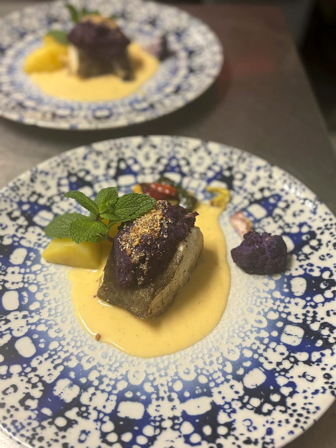Fischfilet mit dunkler Kruste auf heller Sauce, dazu violetter Blumenkohl und Minze